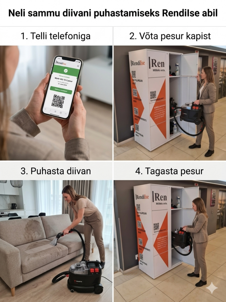 Rendi tekstiilipesur, aurupesur, aknapesurobot ja tolmuimeja nutikappidest üle Eesti. Kiire, mugav ja kontaktivaba broneerimine Tallinnas, Tartus, Pärnus ja Rakveres.